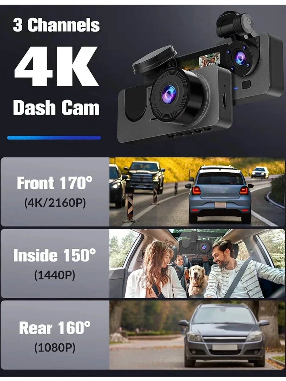 4K Three-Channel Dash Cam (Black)
